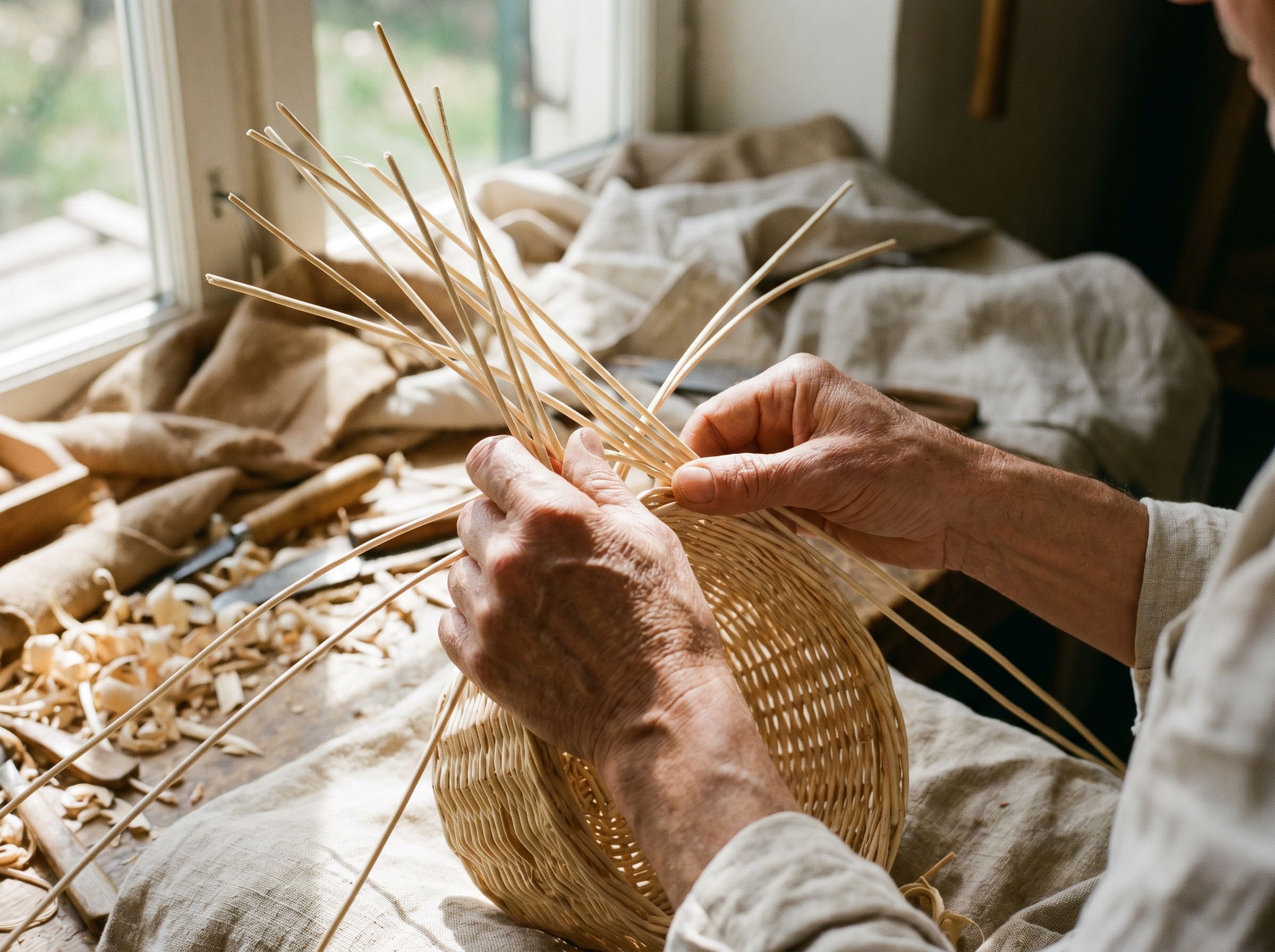 Mains tressant de l'osier — atelier de vannerie